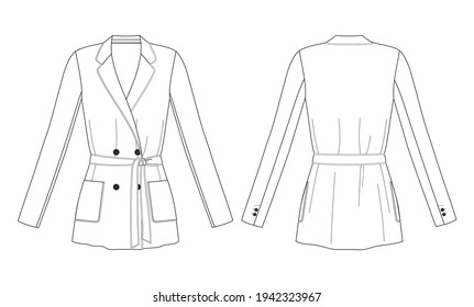 Frauenblazer mit Gürtel in Vektorgrafik. Doppelgängerstrahler mit Pflastertaschen und dekorativen Rohrleitungen.Modegrafik-Vorlage.
Schematische Vorder- und Rückseite