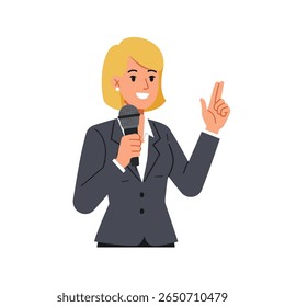 Uma mulher de blazer segura um microfone e faz gestos com a mão enquanto fala.