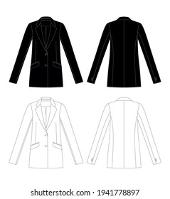 Woman blazer with pockets and buttons in vector graphic. Staight shape.
Front and back views. Fashion illustration template.