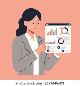 A woman in a blazer pointing to data charts and graphs on a webpage display.
