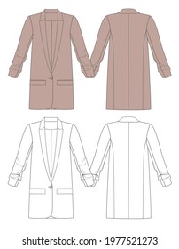 Woman blazer in vector graphic. Woman staight shape longline blazer with front  pockets, collar and one button.  
Front and back views. Fashion illustration template.