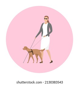 Woman With Blindness Walkinig With Seeing Eye Dog. Vector Illustration.