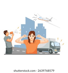 Woman blocking ears from loud urban noise sources like a truck, jet, and megaphone in front of city buildings. Vector illustration