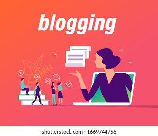 Woman blog concept with tiny people, laptop and social media review and feedback icons. Landing page design template, web interface, mobile app. Vector flat illustration.