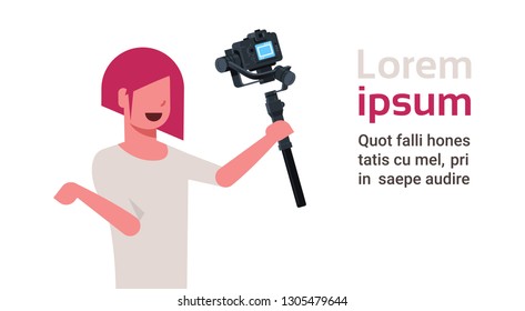 woman blogger broadcasting live stream report shooting selfie video girl in front of DSRL camera recording herself using motorized gimbal stabilizer social media concept copy space horizontal