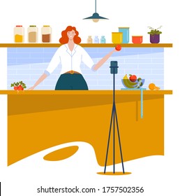 Woman blogger character, cooking stream online internet show, girl prepared food isolated on white, cartoon vector illustration. Female on camera cook healthy breakfast, make home video blog.