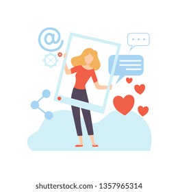 Woman Blogger Creating Digital Content. Technology Process of Software Development. Vector Illustration.