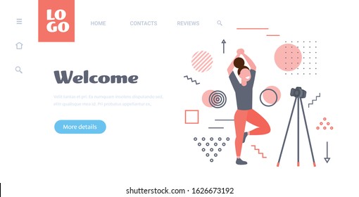 woman blogger doing yoga exercises recording online video with camera on tripod healthy lifestyle live streaming blogging concept horizontal copy space full length vector illustration