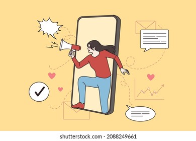 Woman blogger hold megaphone make sale or promotion announcement on smartphone. Female influencer advertise online on social media on cellphone. Target advertisement. Flat vector illustration. 