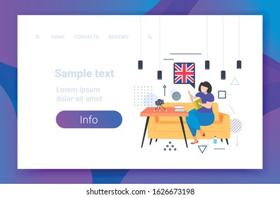 woman blogger holding dictionary vocabulary chat bubble with Great Britain flag teacher recording video with camera on tripod social media network blogging concept copy space horizontal vector