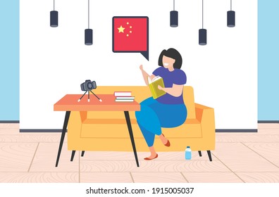 woman blogger holding dictionary vocabulary chat bubble with china flag teacher recording video with camera on tripod social media network blogging concept living room interior horizontal vector