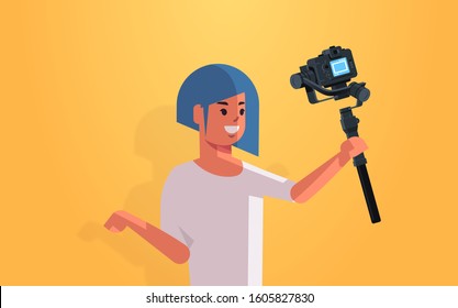 woman blogger holding stabilizer with camera live streaming broadcast social media networking concept streamer recording video taking selfie photo portrait horizontal vector illustration