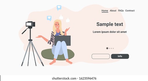 woman blogger with laptop recording video blog using digital camera on tripod live streaming social media network blogging concept horizontal full length copy space vector illustration