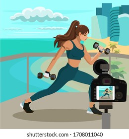 
Woman blogger on the balcony does a workout, coronavirus concept. Stay home during an epidemic. Stock vector illustration in a flat style.