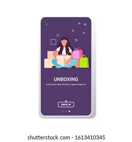 woman blogger opening parcel boxes recording unboxing video live streaming social media mail delivery shipment blogging concept full length smartphone screen mobile app copy space vector illustration