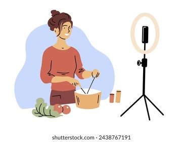 A woman blogger prepares a dish live. Broadcast from home via smartphone camera. Online cooking lessons. Vector illustration on white background