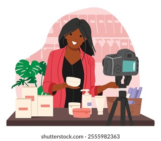 Woman blogger presenting handmade hygiene body and skin care beauty cosmetics products shooting content on camera cartoon scene. Craft small business digital marketing promotion vector illustration