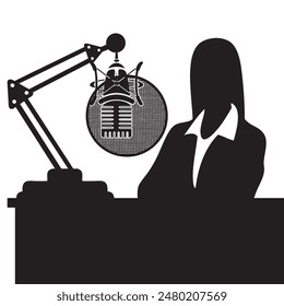 Woman blogger with professional microphone while working