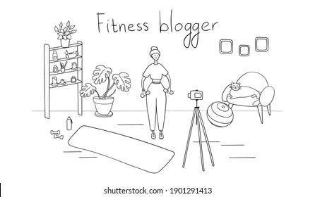Woman blogger is recording content for her video blog. Young female vlogger doing exercises. Sportswoman streaming for her followers with camera on tripod. Fitness and healthy lifestyle concept