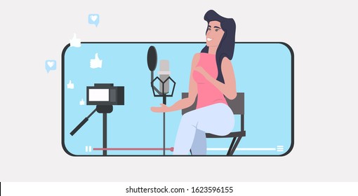 woman blogger recording music video vlog using digital camera on tripod podcasting broadcasting live streaming concept girl singing to microphone smartphone screen mobile app horizontal vector