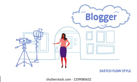 woman blogger recording video on camera female guide standing art gallery museum interior online excursion social media blog concept sketch flow style horizontal