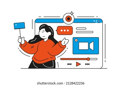 Woman blogger shooting new video episode announcement use smartphone vector flat illustration. Female influencer recording making online advertising media content cyberspace entertainment