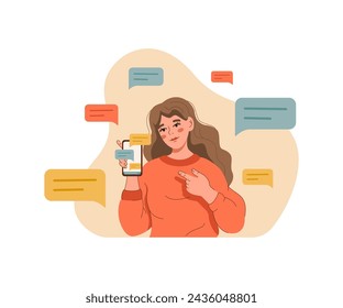 Woman blogger shows phone with messages or comments written by subscribers from social networks. Blogger girl with smartphone recommends using messaging service to promote your business.