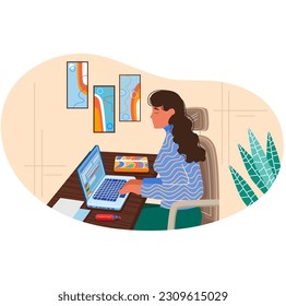 Woman blogger use laptop vector flat illustration