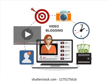 Woman blogger. Video computer blogging concept. Flat vector illustration