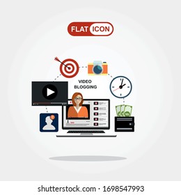 woman blogger. Video computer blogging concept. Flat vector illustration