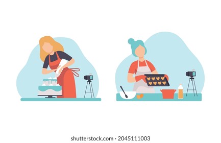 Woman Blogger or Vlogger Making Video Content for Cooking and Baking Channel Vector Set