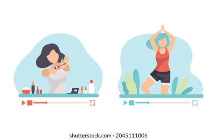 Woman Blogger or Vlogger Making Video Content for Yoga and Beauty Channel Vector Set