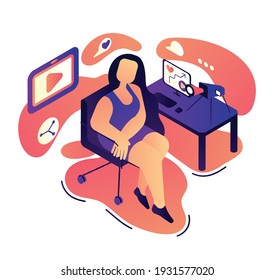 Woman blogger at work. A young woman sits at a work table. Vector illustration, isometric, isolate. Abstract background with various social media icons.