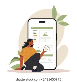 Woman with blogging. Young girl with smartphone create interesting content for social networks and webpages. Popular personality. Cartoon flat vector illustration isolated on white background