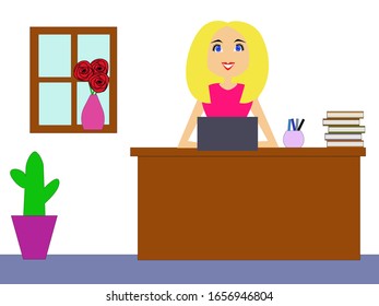 A woman with blond hair behind the desk. Working woman. The book on the table. Flowers on the window. Illustrations.