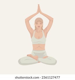 Woman with blond hair, doing yoga lotus pose. Flat vector illustration. Desert style	
