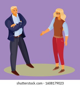 a woman with blond hair and red trousers holds out her hand for initiation to a man, and he stands with his legs spread and arms crossed, purple background, separate layers, vector illustration