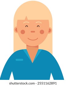 A woman with blonde hair and a blue shirt is smiling