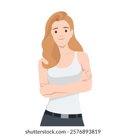 Woman with blonde hair, dressed in a white tank top and jeans folded her hands. Flat vector illustration isolated on white background