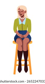 Mulher com cabelo loiro em blusa verde e saia azul senta-se em um banquinho amarelo, sorrindo com as mãos dobradas, sobre fundo branco. Conceito de confiança. Ilustração vetorial