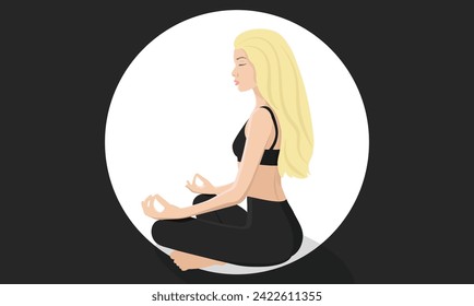 A woman with blonde hair meditates in the lotus position. Illustration of yoga, tranquil, meditation, relaxation, rest and healthy lifestyle. Character in flat style. Vector illustration EPS10