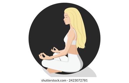 A woman with blonde hair meditates in the lotus position. Illustration of yoga, tranquil, meditation, relaxation, rest and healthy lifestyle. Character in flat style. Vector illustration EPS10