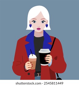  A woman with blonde hair in a stylish suit, holding a coffee cup, confident and elegant. Ideal for business and fashion themes.