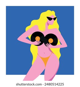 Woman with blonde hair, in sunglasses and yellow bikini bottom, holding two vinyl records over her chest against blue background. Creative vector illustration. Summer, music, retro style, creativity