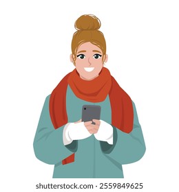 Woman with blonde hair is wearing a pretty sweater and using a smartphone. Flat vector character illustration.