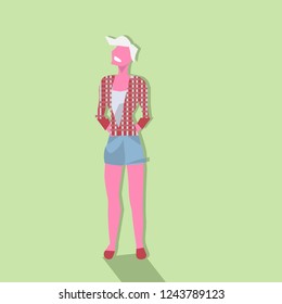 woman blonde hand in pocket standing pose female cartoon character full length flat