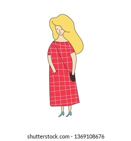 Woman blonde in red dress with handbag isolated on white background. Cartoon vector illustration