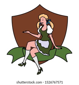 woman blonde with wooden shield background vector illustration design
