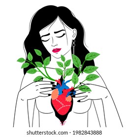 Woman with blooming heart. Cartoon female showing biological organ in chest with branches with green leaves, vector illustration of cardiovascular pump with floral elements