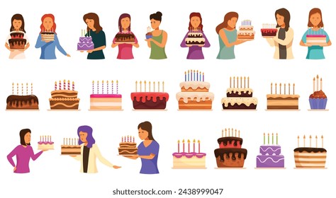 Woman blow candles icons set cartoon vector. Birthday cake party. Person holiday